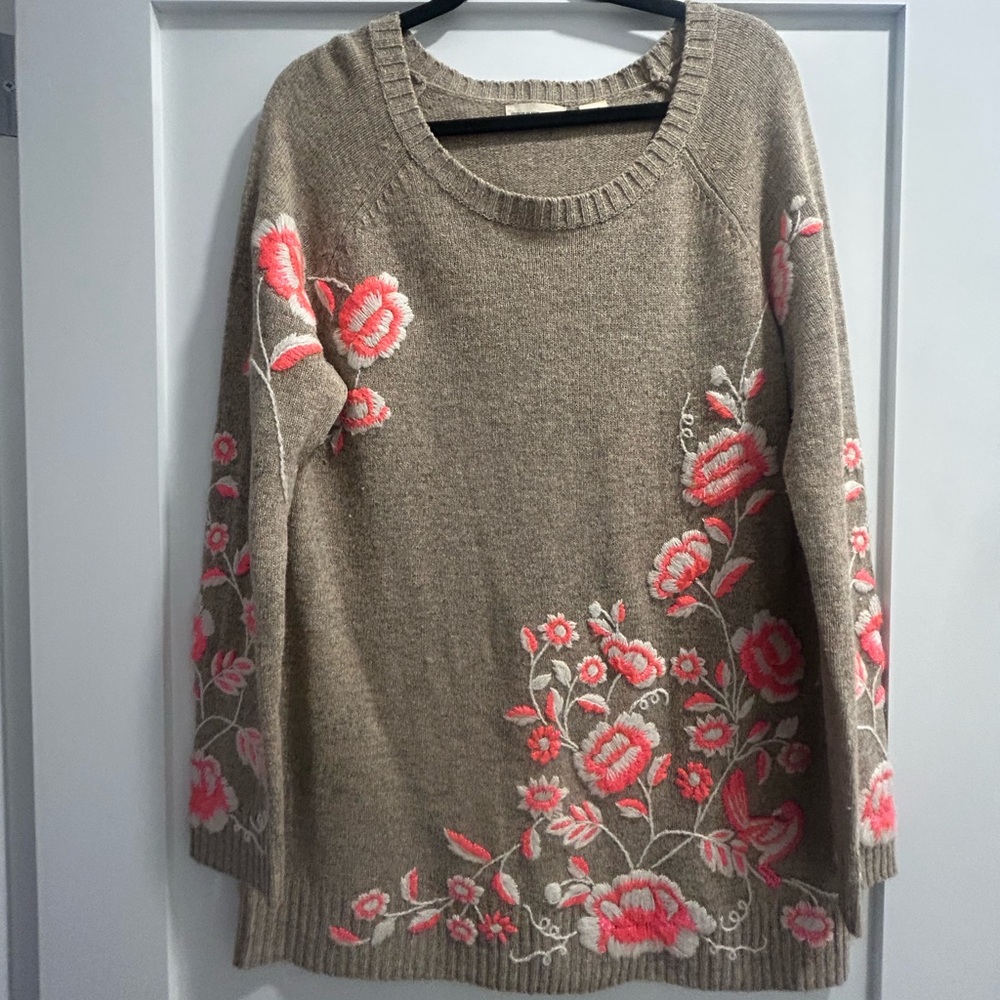 Anthropologie Floral Embroidered Crew Neck Sweater